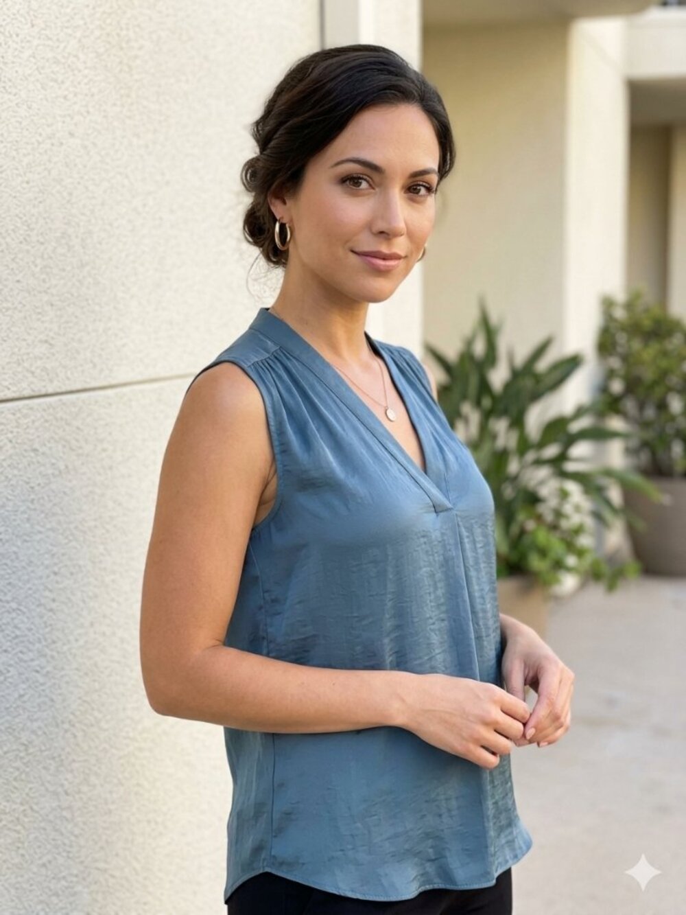 Vince Camuto V-Neck Inverted Pleat Sleeveless Blouse - Steel Blue (Size S)